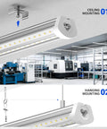 8 Foot LED Shop Light With 140W Output And 17000 Lumens, 5000K Daylight, showing ceiling and hanging mounting options.