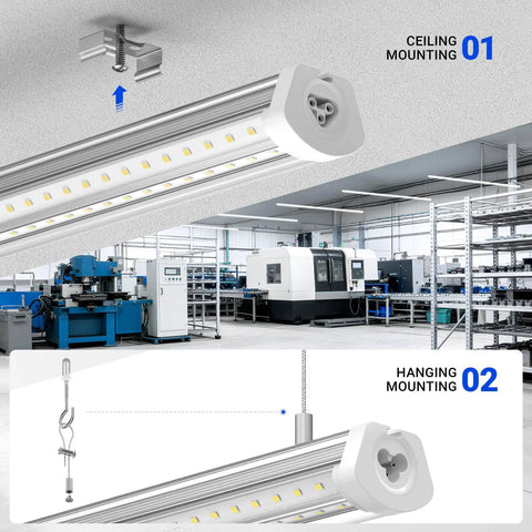 8 Foot LED Shop Light With 140W Output And 17000 Lumens, 5000K Daylight, showing ceiling and hanging mounting options.