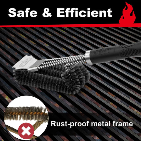 Heavy Duty Grill Brush And Scraper For Gas And Charcoal Grills With Triple Scrubbers And Safe Wire Bristles on grill grates