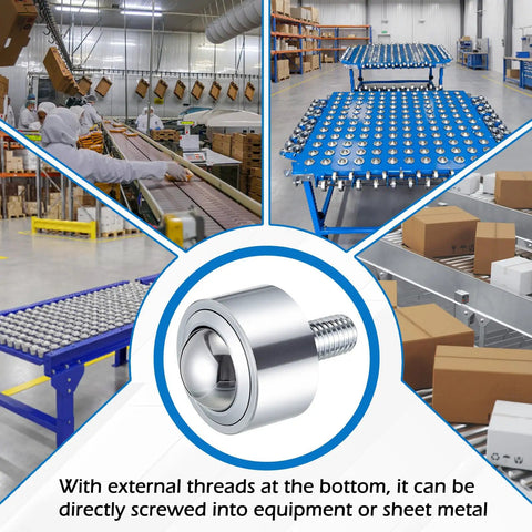 4 Pack 1 Inch Heavy Duty Steel Ball Transfer Bearings Rollers for workbenches and conveyor setups, units on blue tabletops in factory.