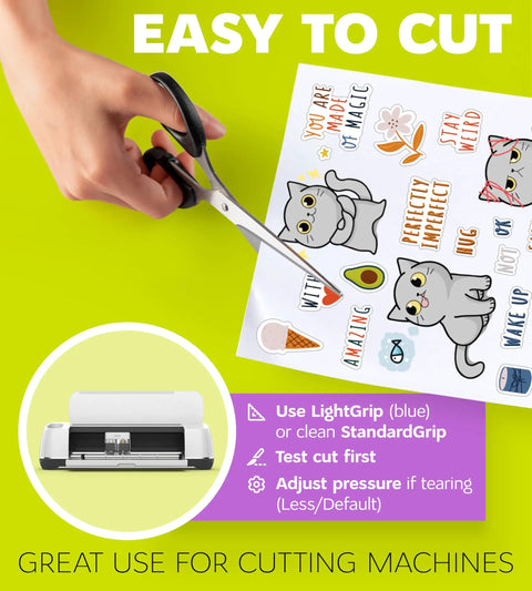 Hand cutting Printable Vinyl Sticker Paper For Inkjet And Laser Printers, White Matte 8.5x11 Inch Sheets with cat designs