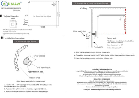 Installation instructions for High Rise Shower Arm And Flange With Ten And A Half Inch Gooseneck Wall Riser Solid Brass Brushed Nickel