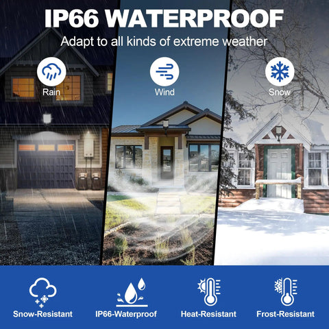 Outdoor Solar Street Lights With Remote Control Motion Sensor Waterproof Flood Light 6500K Dusk To Dawn For Parking Lot Garage Backyard Yard IP65 Weatherproof Durable All Weather Performance No Fuss Setup, showing rain, wind, and snow resistance in different weather simulations.