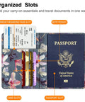 Slim RFID Passport Holder Travel Wallet With Card Slots, Blooming Hibiscus Design, holding passport, cards, and boarding pass.