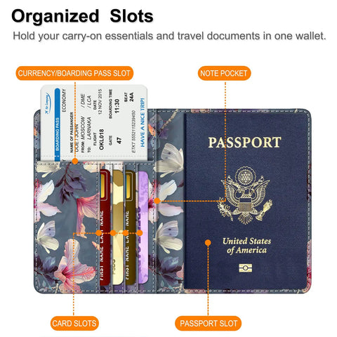 Slim RFID Passport Holder Travel Wallet With Card Slots, Blooming Hibiscus Design, holding passport, cards, and boarding pass.