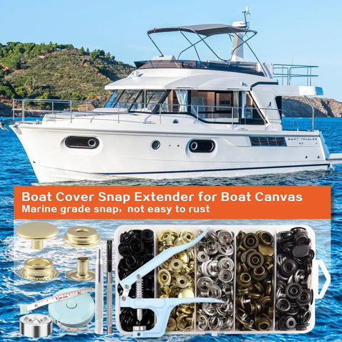 Heavy Duty Snap Fastener Kit 125 Sets In Five Colors For Canvas Tarps Bags Jeans And Boat Covers Durable Stainless Steel 15mm Snap Buttons With Easy Mounting Tools For Quick DIY Install And Repairs displayed in front of a white yacht on water.