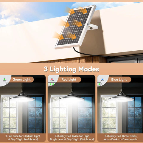 2000 Lumen Solar Shed Light With Pull Chain Switch Heavy Duty Waterproof Pendant Lamp For Garage Patio And Basement Dusk To Dawn Sensor with solar panel.