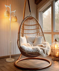 Modern living room with floor lamp and hanging chair, featuring 68 Inch Farmhouse Floor Lamp With Tree Trunk Faux Wood Column And White Washed Wicker Drum Shade, Rustic Country Decor To Elevate Your Cozy Living Room Vibe, Bedroom, And Reading Nook Lighting close to window area