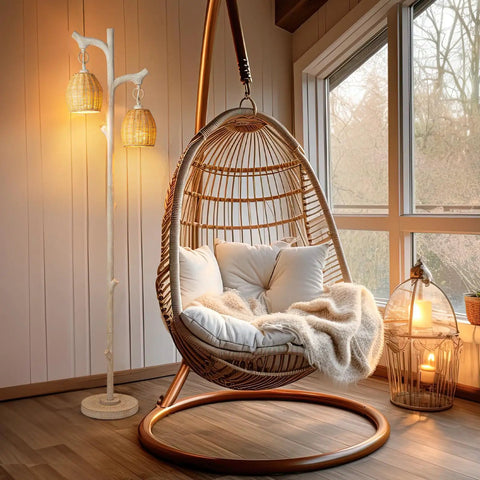 Modern living room with floor lamp and hanging chair, featuring 68 Inch Farmhouse Floor Lamp With Tree Trunk Faux Wood Column And White Washed Wicker Drum Shade, Rustic Country Decor To Elevate Your Cozy Living Room Vibe, Bedroom, And Reading Nook Lighting close to window area