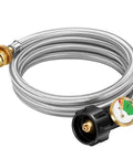 6 Ft Stainless Braided Propane Hose Adapter From 1 Lb To 20 Lb Tanks With Gauge For QCC1 Type 1 Connections, coiled view.