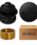 Matte Black Twist And Close Bathtub Drain Stopper Kit Featuring Matching Overflow Faceplate Plus Adapter Bushing For That Slick Bathroom Refresh And Definitely No Fuss Installation Plumbers Choice Gear Handled In A Bulk 50 Pack components including black stopper, overflow faceplate, and adapter.
