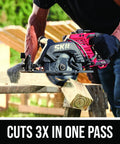 Heavy Duty Seven Quarter Inch Cordless Circular Saw Featuring Rear Handle And Brushless Motor Provides Killer Cuts Through Lumber cutting through wood.