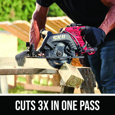 Heavy Duty Seven Quarter Inch Cordless Circular Saw Featuring Rear Handle And Brushless Motor Provides Killer Cuts Through Lumber cutting through wood.