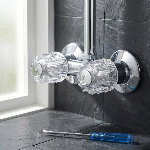 Two Pack Crystal Clear Acrylic Shower Knob Replacement Kit With Hot And Cold Buttons Universal Faucet Handle Repair Set includes screwdriver