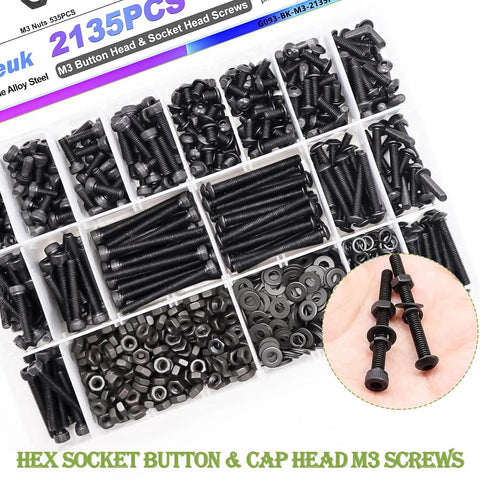 Massive M3 Screw And Nut Assortment Kit With 4mm To 35mm Metric Bolts, 10.9 And 12.9 Grade Alloy Steel in compartment box