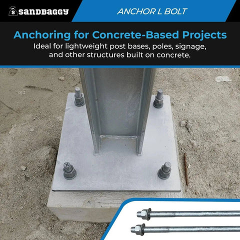 Heavy Duty Five Eighths Inch Threaded Concrete Anchor L Bolts For Base Plate And Sill Plate Installations in masonry shown installed on concrete base with galvanized finish.