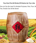 Next Level Ceramic Rice Jar With Secure Silicone Seal Big Kitchen Grain Storage Container For Bulk Coffee Beans Cereal Snack Pantry Bin, displaying a wooden-style grain container.