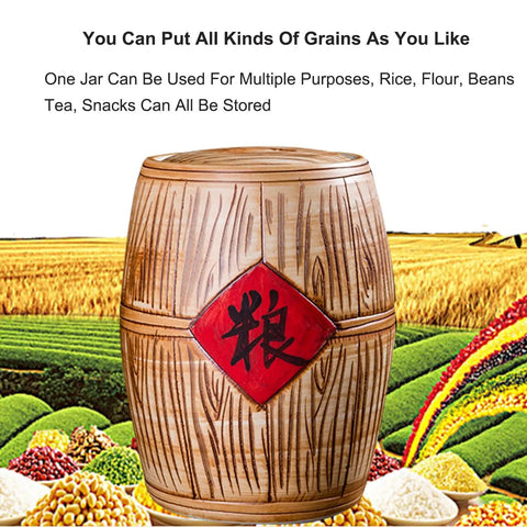 Next Level Ceramic Rice Jar With Secure Silicone Seal Big Kitchen Grain Storage Container For Bulk Coffee Beans Cereal Snack Pantry Bin, displaying a wooden-style grain container.