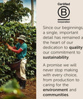 Person harvesting coffee beans with sustainability message next to Certified B Corporation logo.