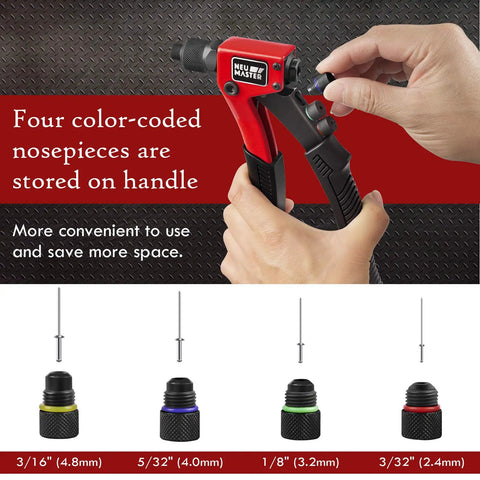 Heavy Duty Rivet Gun Kit With 4 Tool Free Interchangeable Heads And Carrying Case Includes 200 Rivets One Hand Pop Riveter detail