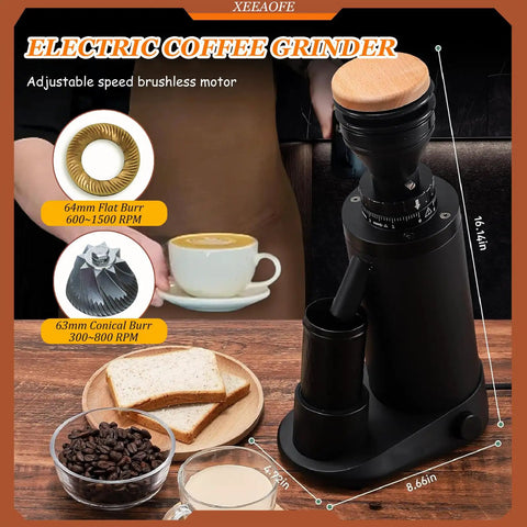 Electric coffee grinder with wooden top, 16.41in tall, 63mm conical burr, ideal for single dose espresso making. Level Up Your Daily Brew With This Conical Burr Coffee Grinder Offering Stepless Controls For Flawless Single Dose Espresso Making Anti Static Chamber Ensures Smooth Even Grinds For Zero Fuss Maximum Flavor Every Day.