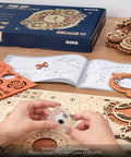 Hands assembling Dope 3D Wooden Puzzle Clock Kit For Adults Hands On Zodiac Wall Clock Project with parts and manual visible.