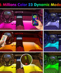 Interior Car Lights With App Control And Remote, RGB Under Dash LEDs With Music Sync, various color displays in car interior.