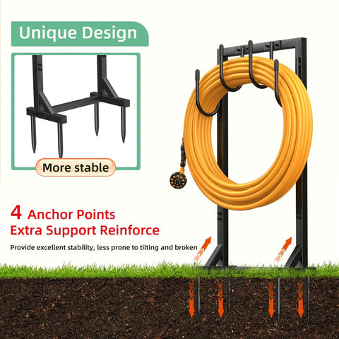 Rugged Heavy Duty Garden Hose Holder Reel With Four Large Hooks in outdoor setting, showing upgraded square frame and ground stability