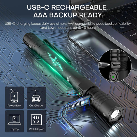Rechargeable EDC Tactical Flashlight With Dual Switch And Turbo Button 1500 Lumen Beast Pen Light charging with USB-C