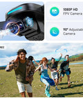 Foldable Kids Drone With 1080P HD FPV Camera Brushless Motors 2 Batteries 360 Flips Headless Mode Gravity Control 90 Degree Adjustable Camera Real Time FPV With App 36 Minute Flight Time Great For Beginners showing HD camera features and group outdoors.