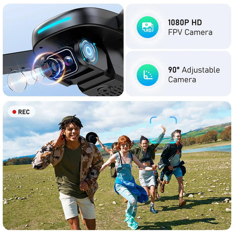 Foldable Kids Drone With 1080P HD FPV Camera Brushless Motors 2 Batteries 360 Flips Headless Mode Gravity Control 90 Degree Adjustable Camera Real Time FPV With App 36 Minute Flight Time Great For Beginners showing HD camera features and group outdoors.