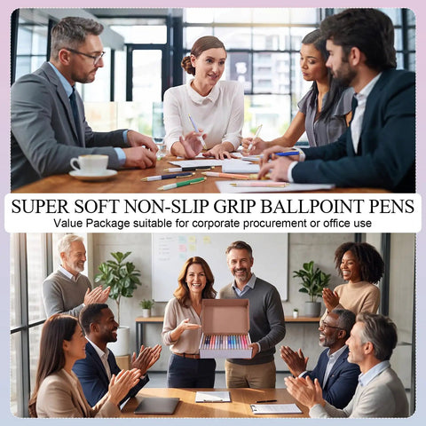 Office team using bulk 100 pack ballpoint pens with comfy grip 1.0mm medium point retractable black ink for meetings.