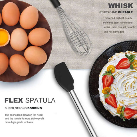 Ultimate 33-Piece Silicone And Stainless Steel Utensil Set with whisk and flex spatula, shown with eggs and whipped cream dessert