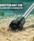 Heavy Duty Battery Powered Stick Water Pump With Three Speed Adjustable Motor And Hassle Free Bulk Transfer For Ponds Aquariums showing detachable anti-clogging filter underwater.