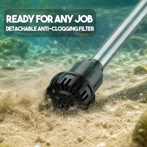 Heavy Duty Battery Powered Stick Water Pump With Three Speed Adjustable Motor And Hassle Free Bulk Transfer For Ponds Aquariums showing detachable anti-clogging filter underwater.