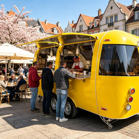 Top Tier Stainless Steel Food Trailer A Solid 16 Foot Yellow Mobile Kitchen Built Tough And Dot Certified For Street Ready Operators at a busy market.