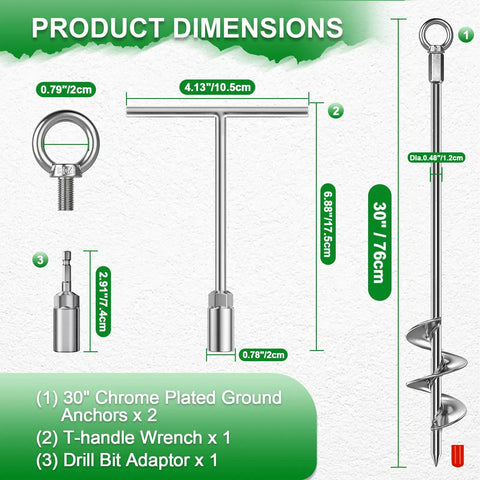 Heavy Duty Shed Anchor Kit 30 Inch Ground Anchors dimensions with T Handle and Drill Bit Adapter