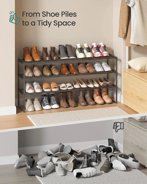 3 Tier Metal Shoe Rack Organizer For Entryway Space Saving Stackable And Flexible Use Upright Or Upside Down Fits 20 To 24 Pairs Large 11.8 Inches By 46.1 Inches By 21.7 Inches Black, neatly stores various shoes on shelves.