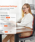 Woman using Back Massager Chair Pad With Heat, 10 Vibrating Motors for Office Chair and Home Use, showing customizable settings