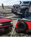 Off-road vehicles with Beefy Two Pack D Ring Shackle 7/8 Inch Screw Pin 57,000 Lbs Break Strength attached for recovery