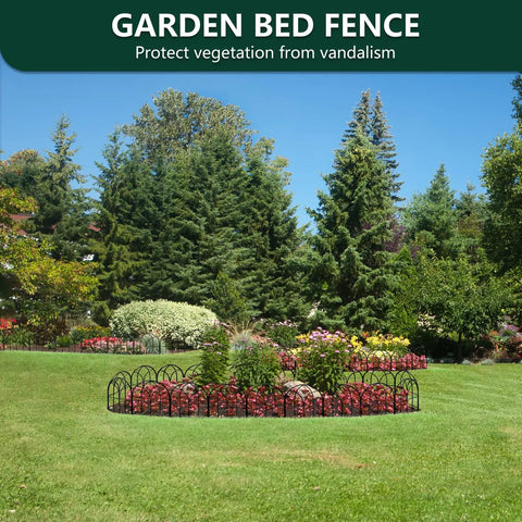 No Dig Garden Fence Barrier Set, 19 Piece Arch Metal Fence Panels In Black surrounding flower bed in outdoor garden