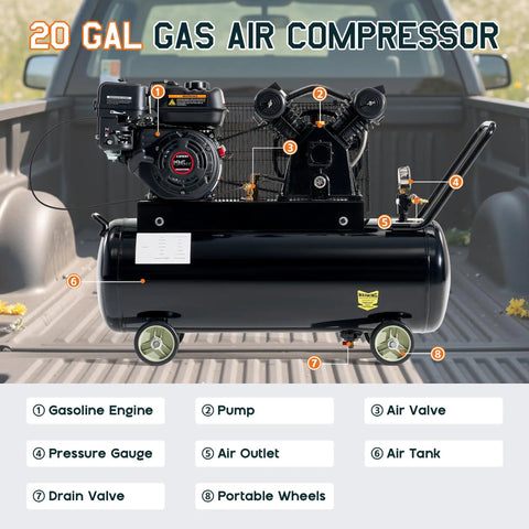 Albott 6.5HP Gas Air Compressor With 20 Gallon Portable Horizontal Tank, 115 PSI Max Pressure And Dual Air Outlets For Robust Performance And Extended Runtime On Any Job Site