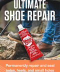 Original Shoe Goo Clear Adhesive For Shoes 3.7 Fl Oz Tube next to hikers wearing boots on rocky terrain