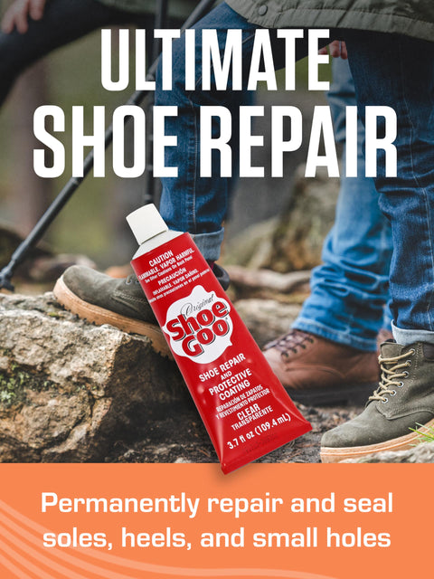 Original Shoe Goo Clear Adhesive For Shoes 3.7 Fl Oz Tube next to hikers wearing boots on rocky terrain