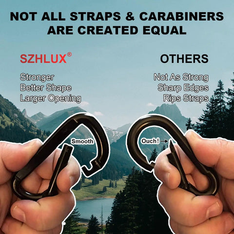 Comparison of two carabiners for Tree Hammock Straps Set Of 2 10 Feet Long With 38 Loops And 2 Carabiners No Fuss Heavy Duty Hammock Suspension Straps