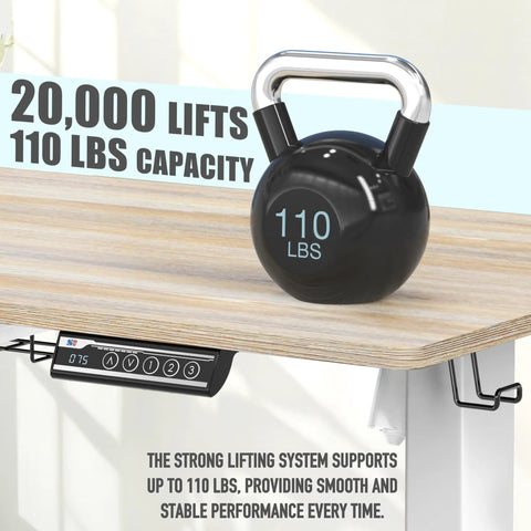 Electric Height Adjustable Standing Desk With Drawer And Memory Preset, Maple Finish, showing weight capacity with kettlebell.