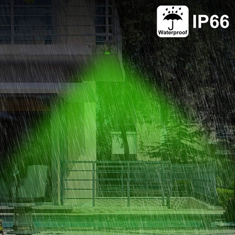 Heavy Hitter Solar Game Feeder Lights With Vibrant Green Motion Detection illuminating an area in rain, showcasing waterproof IP66 design.