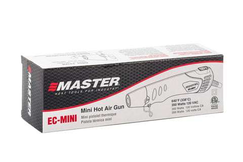 Box packaging of EC-MINI Pro Grade Heat Gun for Crafts And DIY Projects with product details and illustrations visible.