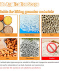 Powerful Inclined Spiral Convey Machine With 150 Liter Massive Hopper For Granular Materials High Capacity Bulk Lifter At 1.8 Meters Height, showcasing grains, plastic pellets, feed, nuts, and fine stones.