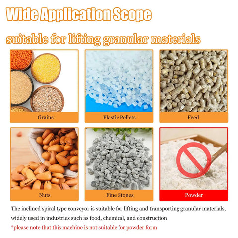 Powerful Inclined Spiral Convey Machine With 150 Liter Massive Hopper For Granular Materials High Capacity Bulk Lifter At 1.8 Meters Height, showcasing grains, plastic pellets, feed, nuts, and fine stones.